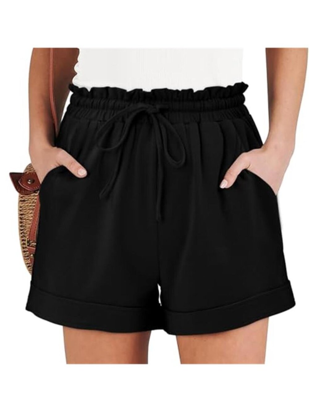 Angerella Women's Black Drawstring Elastic Waist Casual Shorts with Pockets